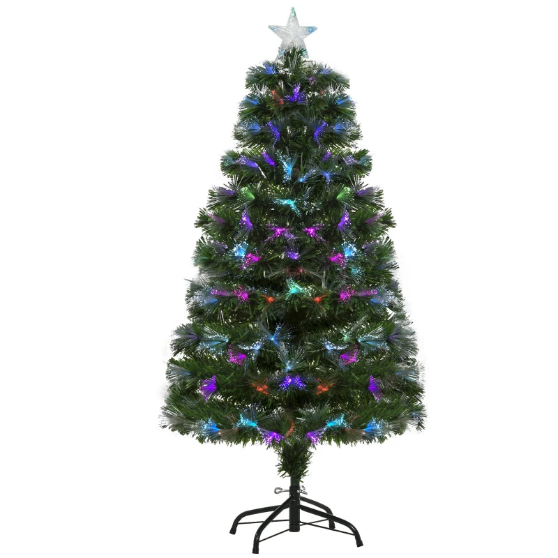 4FT Multicoloured Artificial Christmas Tree with Fibre Optic Lights, Pre-Lit Modes, Metal Stand & Star Holder - Festive Home Decoration