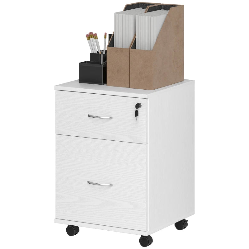 Lockable Two Drawer Filing Cabinet - White Wood Grain - Secure Storage Solution for Home or Office Organization