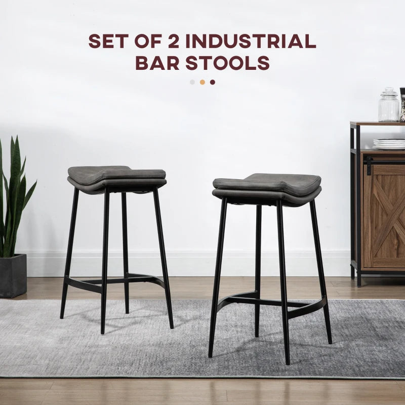 Set of 2 Grey Microfibre Upholstered Bar Stools - Industrial Curved Seat Design with Steel Frame for Kitchen & Dining Room