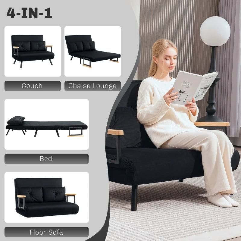 Velvet-Feel Double Sofa Bed with Pillows in Black - Versatile 4-in-1 Design for Comfort and Style