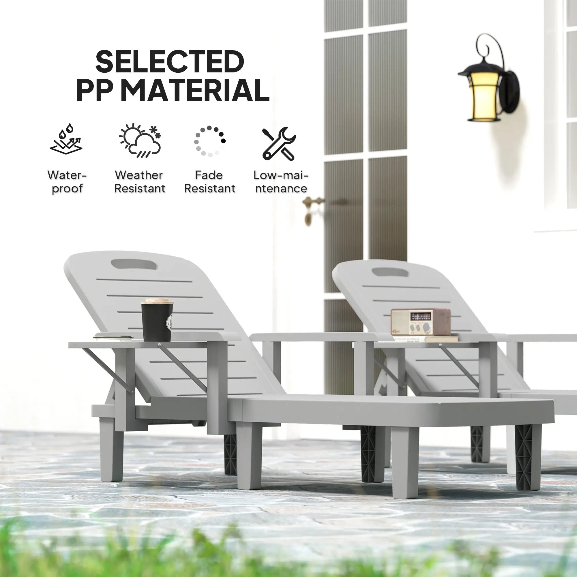 Light Grey Set of 2 Resin Reclining Sun Loungers for Garden - 5 Positions - Adjustable Outdoor Chaise Lounge Chairs