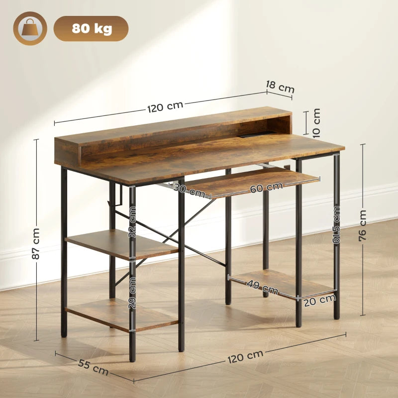 Rustic Brown Computer Desk with LED Lights & Power Outlets - 120x55 cm Gaming Desk with Monitor Stand & Storage Shelves