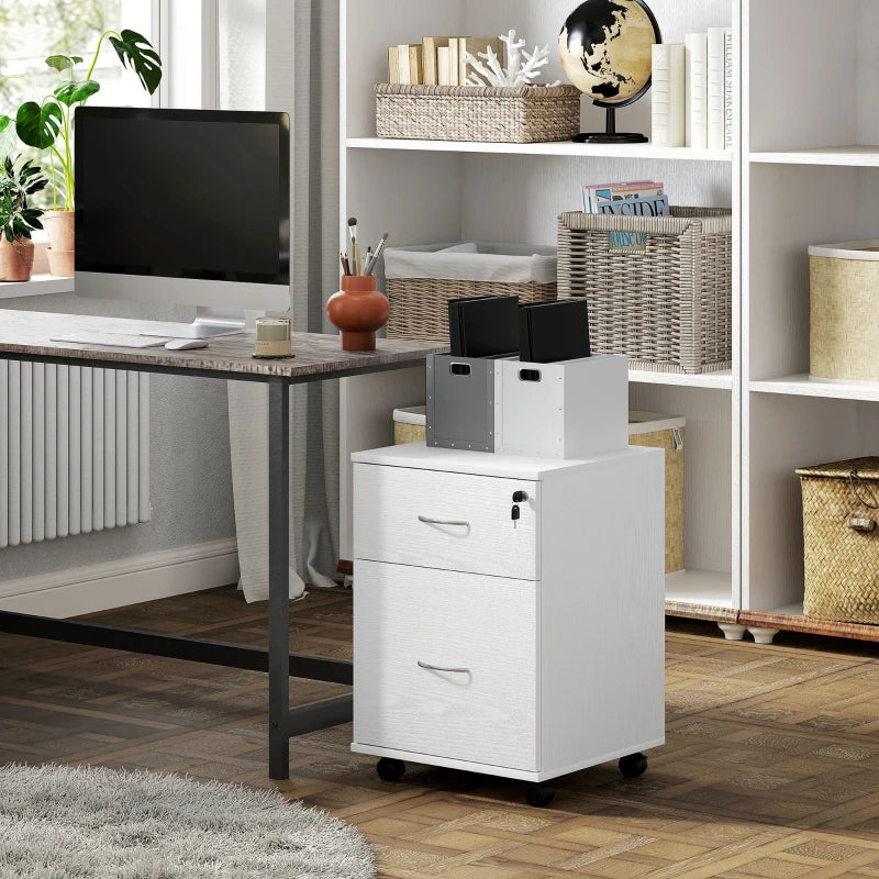 Lockable Two Drawer Filing Cabinet - White Wood Grain - Secure Storage Solution for Home or Office Organization