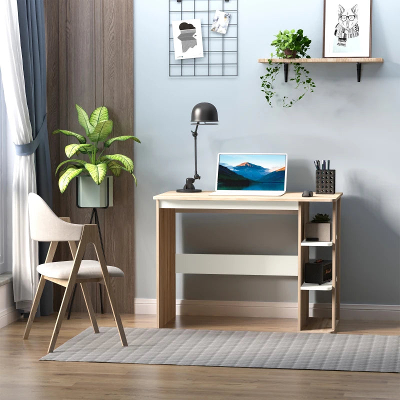 Modern Oak & White Computer Desk with 3-Tier Storage Shelf - Stylish Writing Desk for Home Office & Study