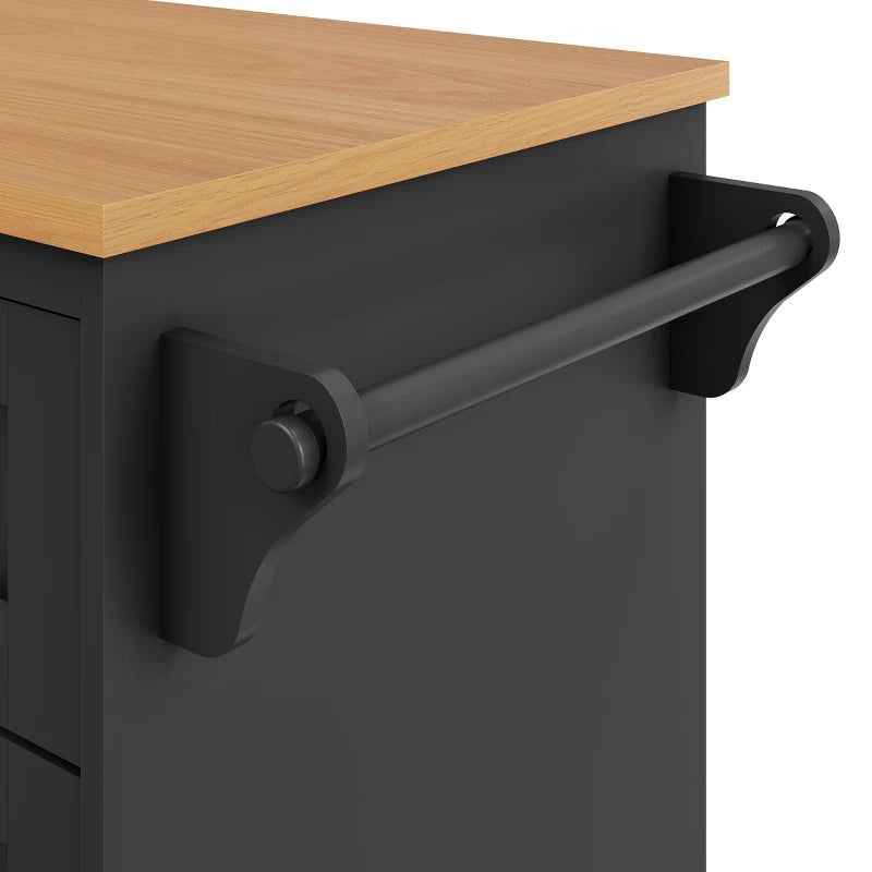 Mobile Kitchen Trolley with 5 Wheels, Drawers & Cupboards - Wooden Food Cart for Kitchen Organization, 129L x 46W x 92H cm, Black