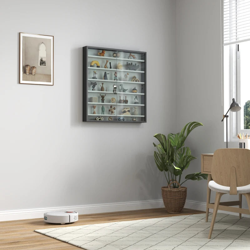 Modern Six Shelf Display Cabinet with Glass Doors - Stylish Black and White Storage Solution for Home or Office