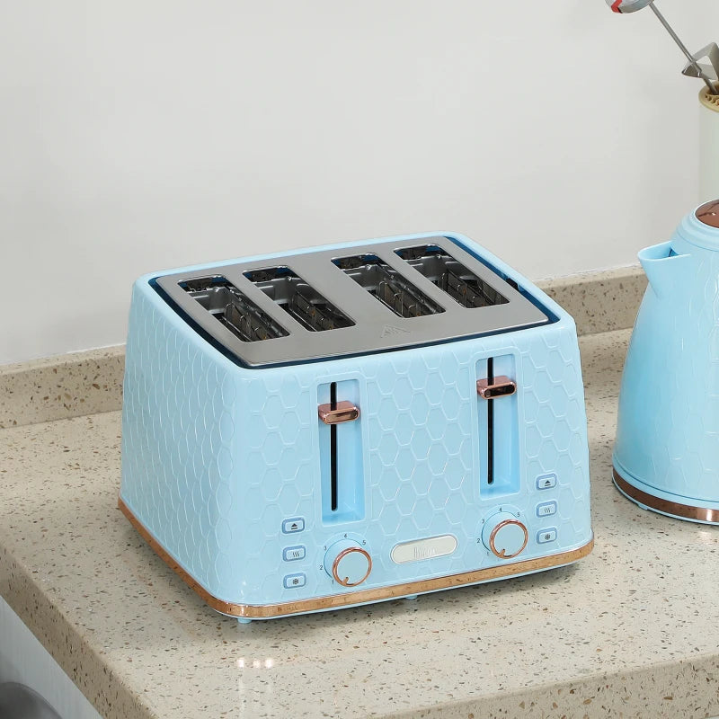 Light Blue Kettle and Toaster Set - 1.7L Fast Boil Jug Kettle & 4 Slice Toaster with 7 Browning Levels