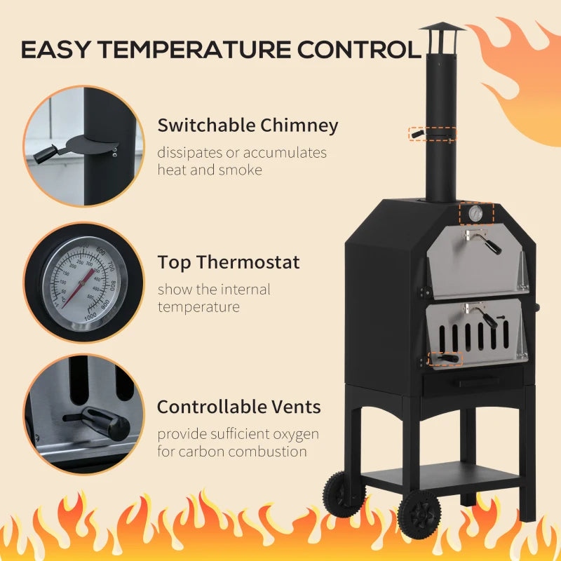 Stainless Steel Outdoor Pizza Oven BBQ Grill - Charcoal, 3-Tier, Chimney, Thermometer, Wheels - Black