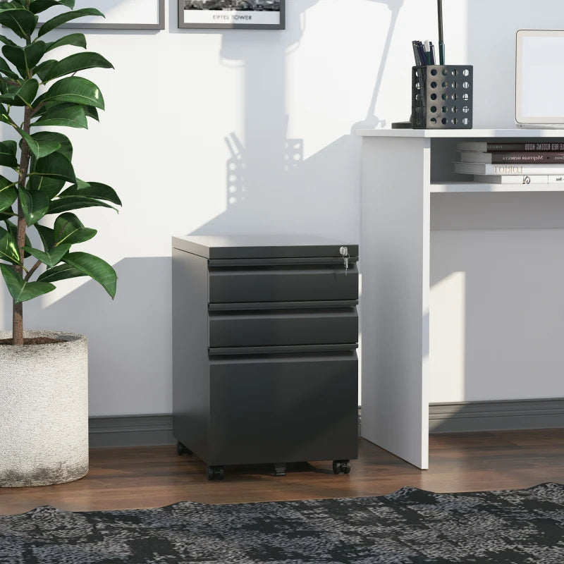 Vinsetto Mobile 3 Drawer Metal Filing Cabinet - Anti-Tilt Design for Letter, A4, Legal Size - Black Office Storage