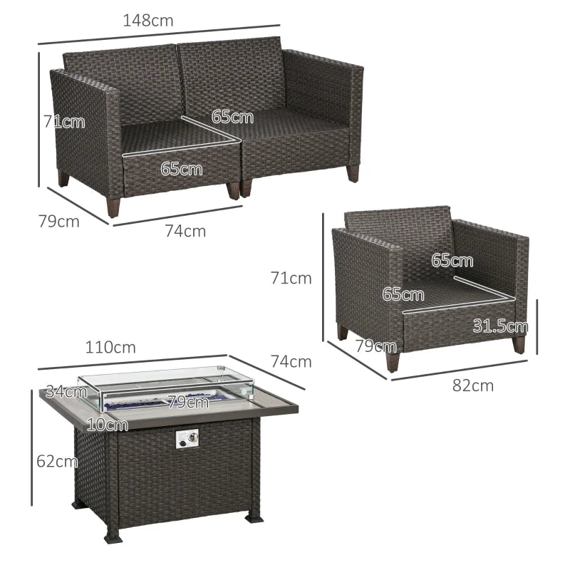 5-Piece Rattan Patio Furniture Set with Gas Fire Pit Table, Loveseat, Armchairs - Dark Brown