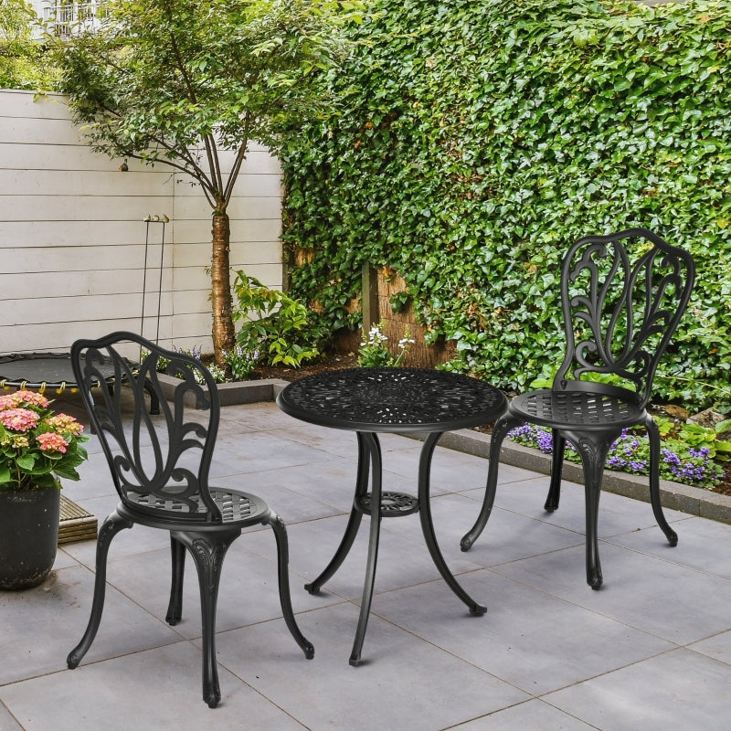 3 Piece Black Cast Aluminium Garden Bistro Set with Umbrella Hole - Outdoor Furniture for Balcony, Porch, Patio
