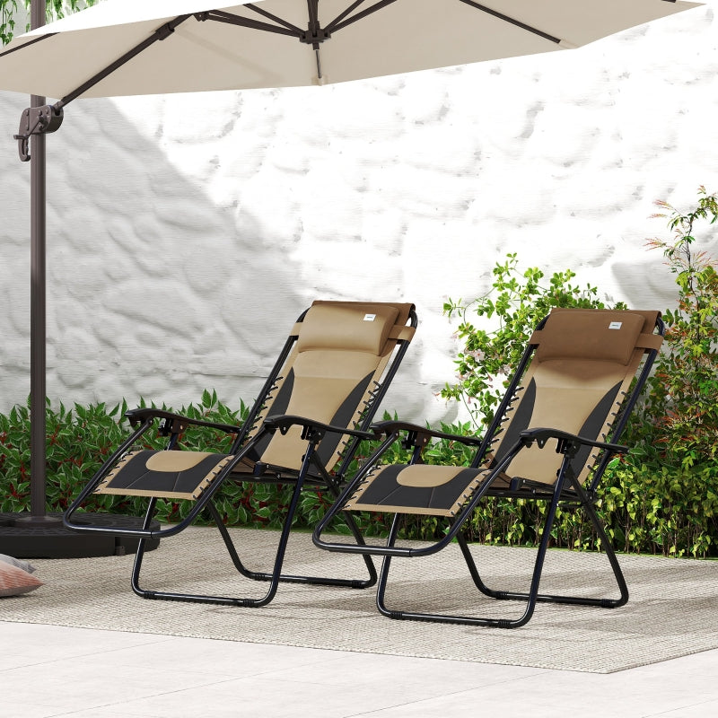 Grey Sun Lounger Chair Set of 2 - Folding Reclining Patio Chairs with Padded Seat, Soft Cushion, Headrest, and Cup Holder