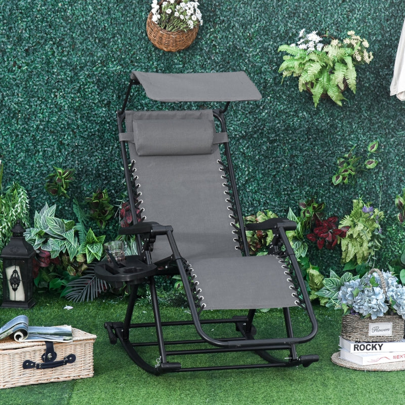 Grey Folding Rocking Sun Lounger Chair with Headrest and Side Holder