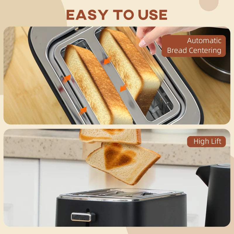 Premium Black Kettle and Toaster Set - 1.7L Fast Boil 3000W Kettle & 2 Slice Toaster with 6 Browning Levels