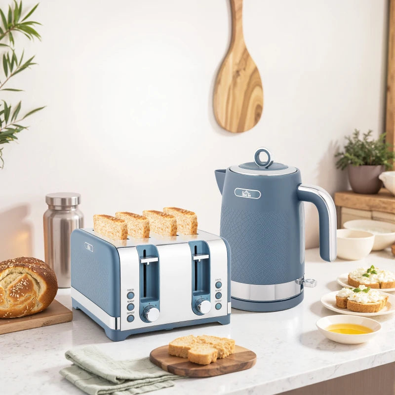 Sleek Blue Textured Kettle & Four-Slice Toaster Set - Modern Kitchen Appliances for Stylish Cooking