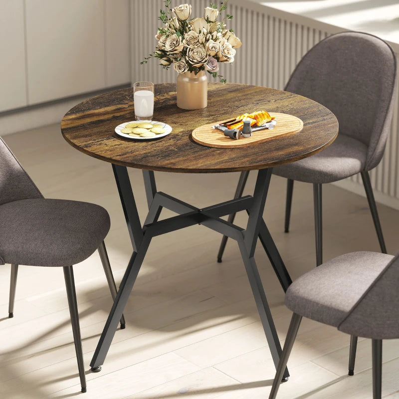 Rustic Brown Round Dining Table with Black Legs & Anti-Slip Foot Pads - 90 x 76 cm for Living Room & Kitchen