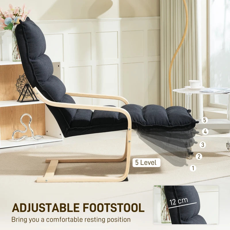 Curved Wooden Accent Chair with Adjustable Footrest in Black for Stylish Home Decor