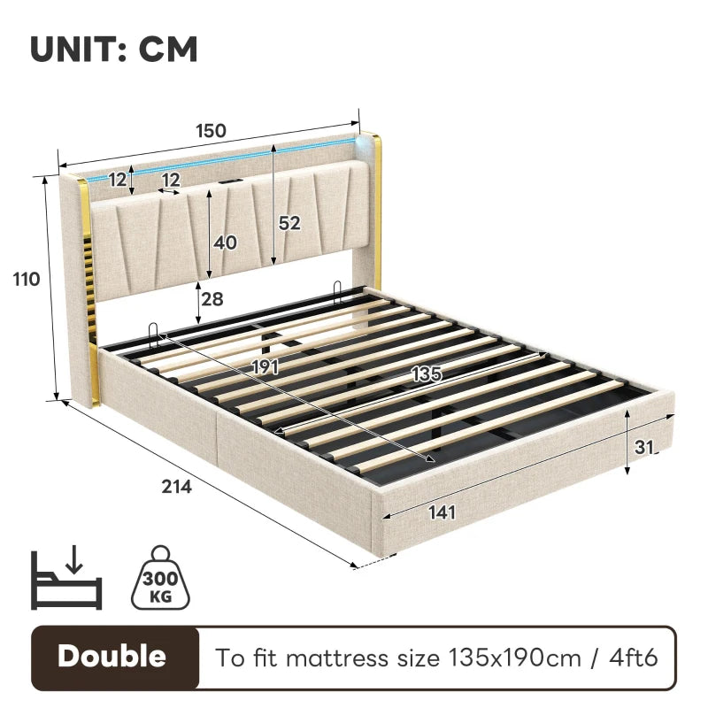 Double Upholstered Bed Frame with Hydraulic Storage and LED Headboard USB Type-C Charging Beige