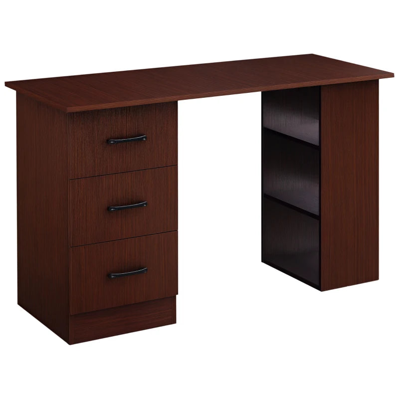 Walnut Brown Computer Desk with 3 Storage Shelves & Drawers - Stylish Writing Table for Home Office, Black Handle