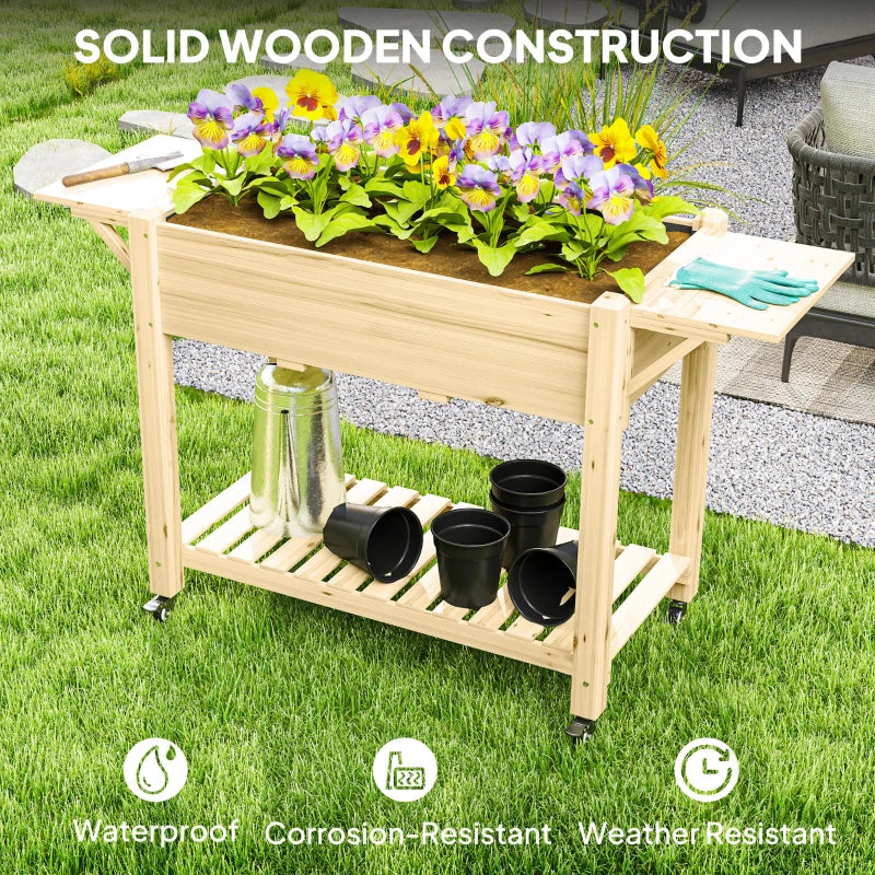 Wooden Elevated Planter Box with Lockable Wheels, Side Tables, and Bottom Shelf - 48" Natural Outdoor Garden Bed for Vegetables, Flowers, and Fruits