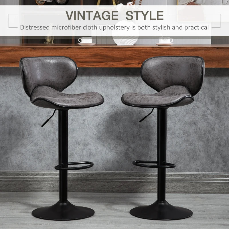 Set of 2 Adjustable Height Kitchen Stools - Leather Upholstered Dark Grey Bar Stools with Back (61-81cm)