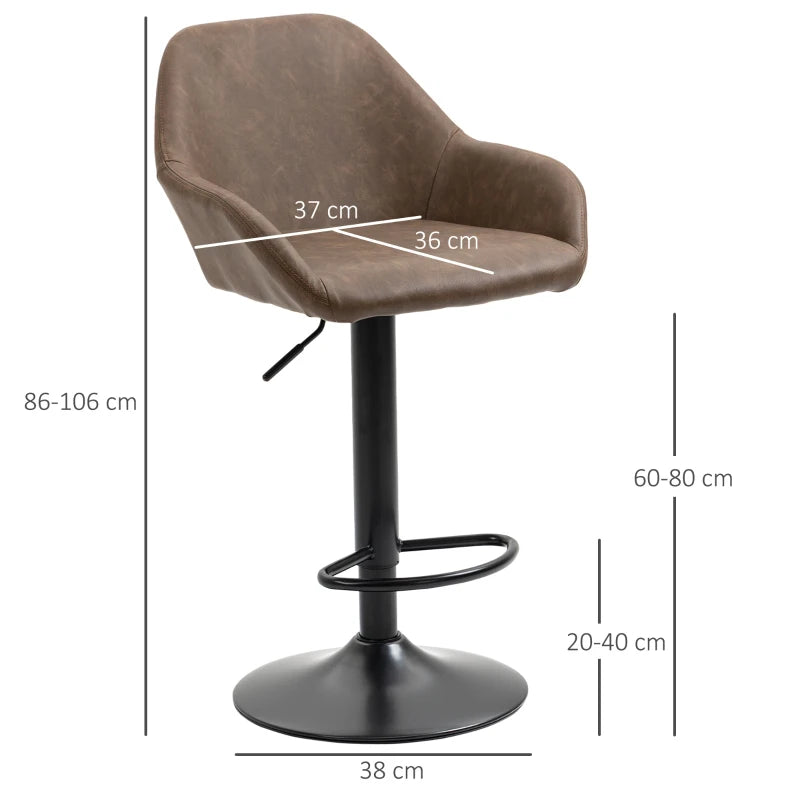 Set of 2 Height Adjustable Swivel Bar Stools with Backs, Armrests & Footrest - Dark Brown PU Leather Kitchen Seating