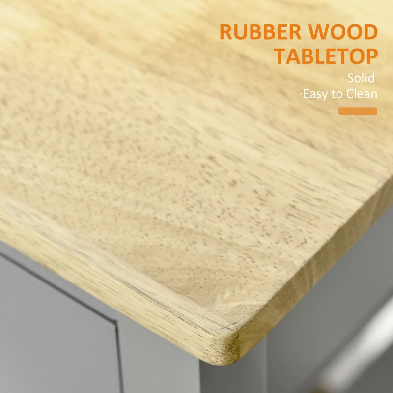 Grey Kitchen Trolley Utility Cart on Wheels with Rubberwood Top, Towel Rack, Storage Shelves & Drawer for Dining Room