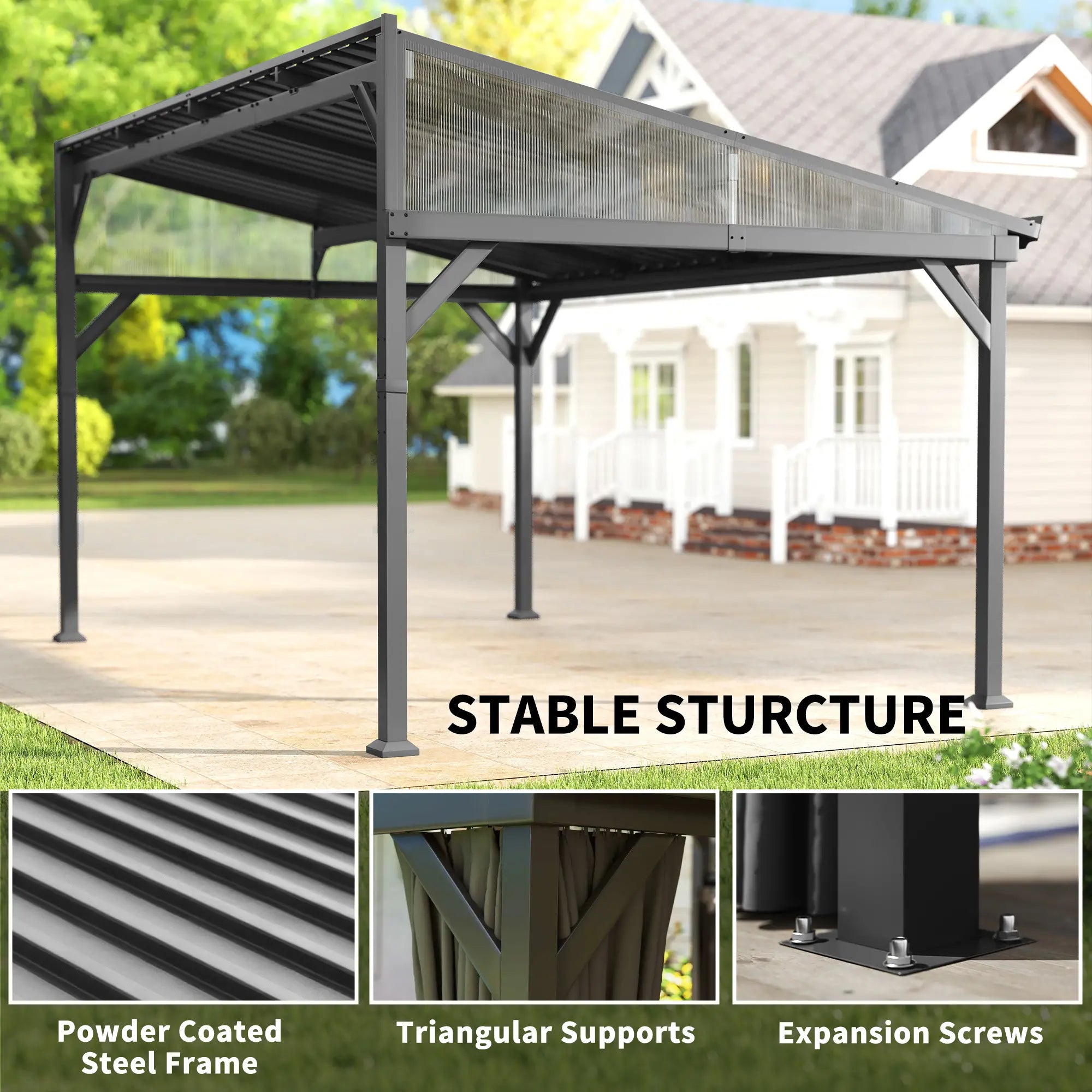 4.3m x 3m Lean-To Garden Pergola with Galvanised Steel Roof – Dark Grey Patio Gazebo with Netting Curtains for All-Weather Outdoor Living