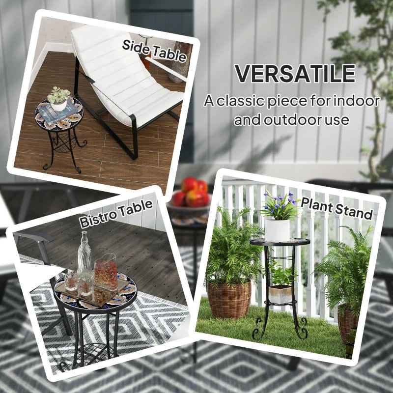 35.5 cm Round Orange Mosaic Garden Table - Ceramic Tile Top Outdoor Bistro Table with Shelf for Patio, Balcony, Indoor Use