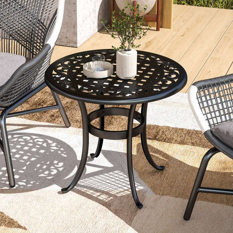 60cm Black Round Garden Table - Outdoor Hollow Top Design Side Table with Cast Aluminium Frame for Patio, Garden, Balcony