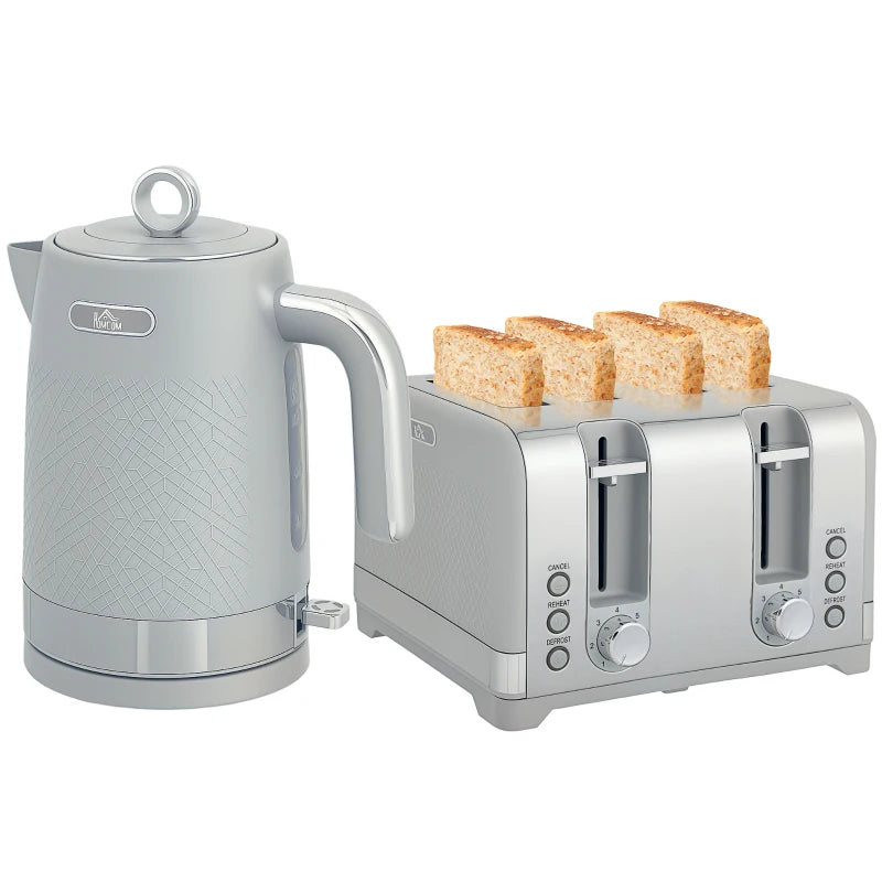 Sleek Grey Textured Kettle & Four-Slice Toaster Set - Modern Kitchen Appliances for Stylish Cooking