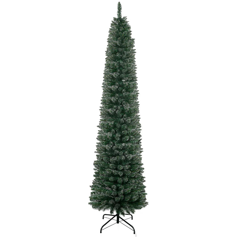 7.5FT Snow Dipped Christmas Pencil Tree - Foldable Black Stand, Green Holiday Indoor Decoration for Festive Home Decor