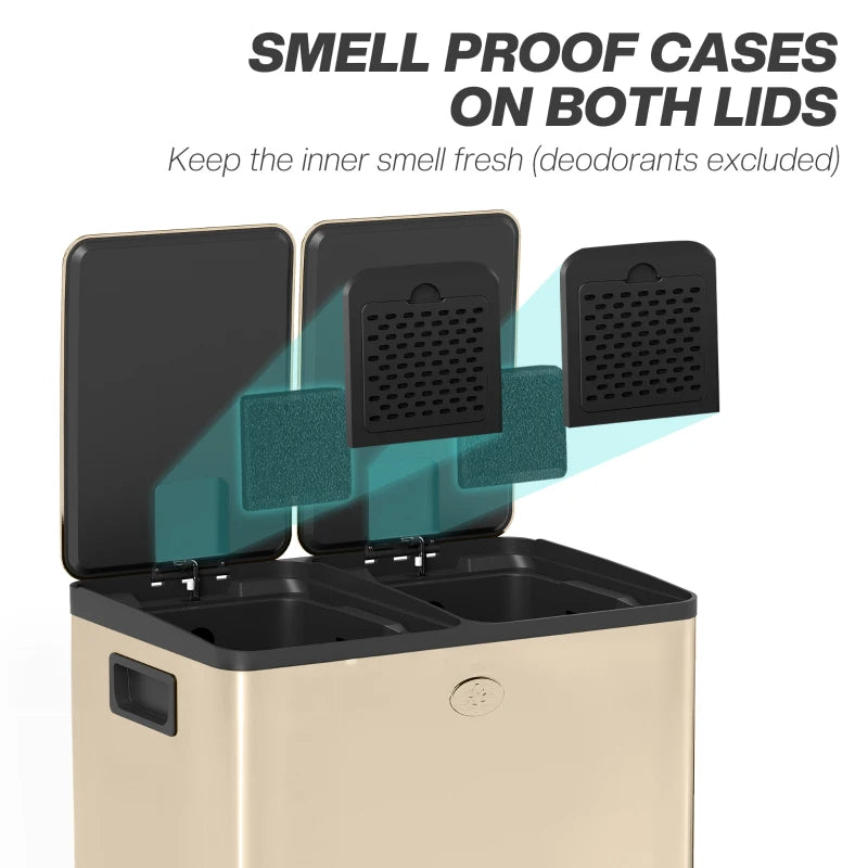 40L Dual Compartment Stainless Steel Trash Bin with Deodoriser Holders - Elegant Gold Tone for Modern Kitchens