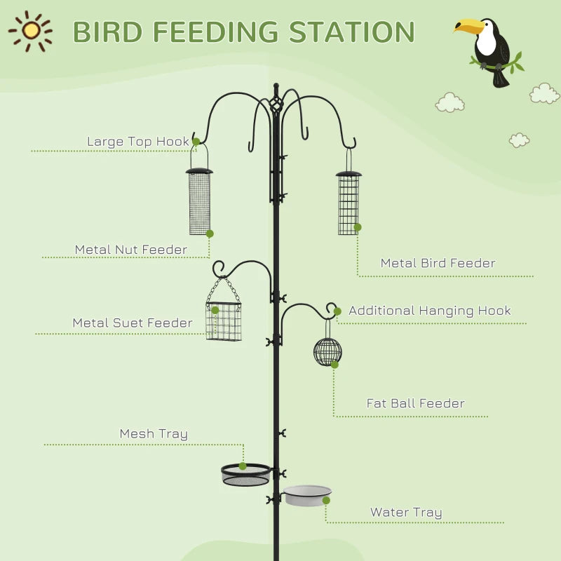 Premium Bird Feeding Station Kit - 6 Hook Wild Bird Feeder Pole with 4 Hanging Feeders for Garden & Outdoor Use - Black