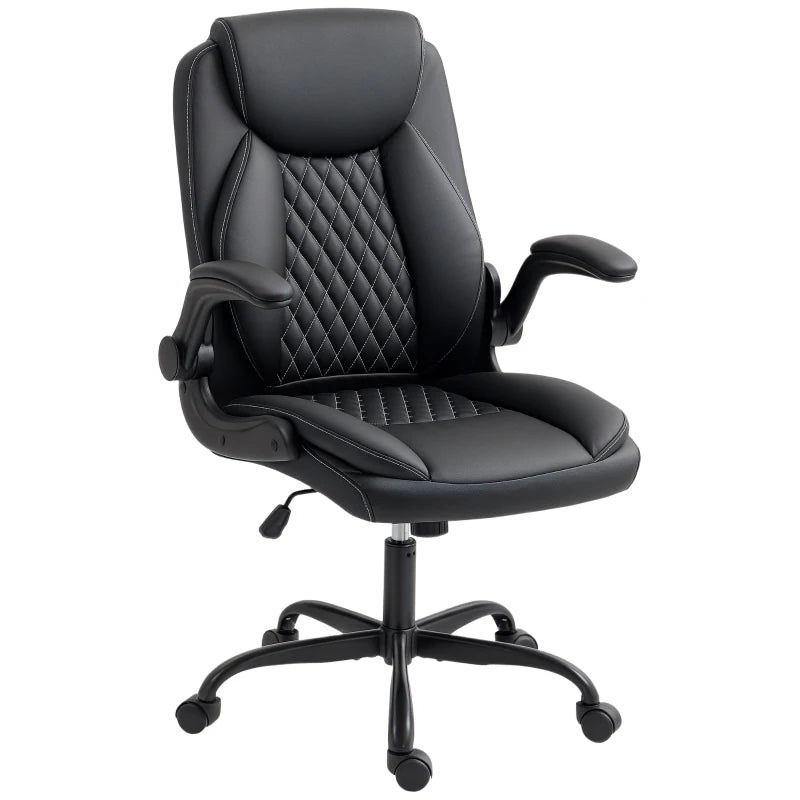 Ergonomic Faux Leather Office Chair with Flip-Up Armrests - Stylish Black Design for Comfort and Productivity