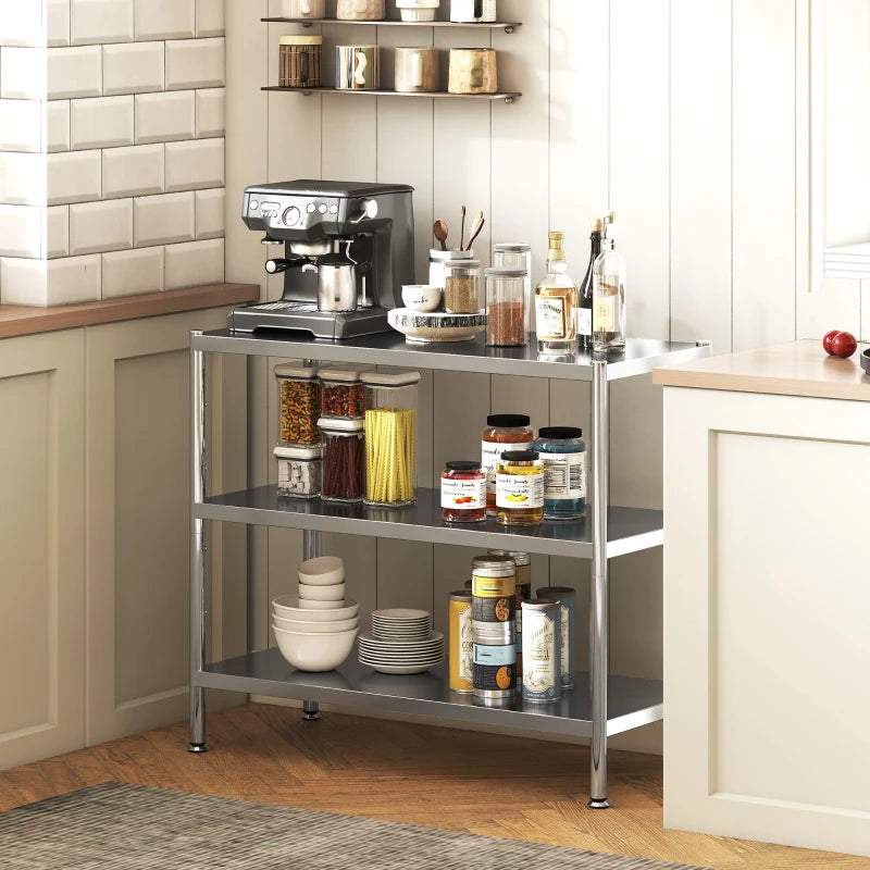 3-Tier Stainless Steel Bakers Rack with Adjustable Shelves - Kitchen Storage Unit for Spices, Pots & Pans - Silver Tone