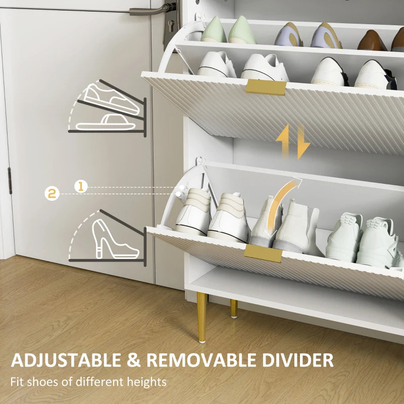 Narrow White Shoe Cabinet with 2 Flip Drawers for Space Saving Storage