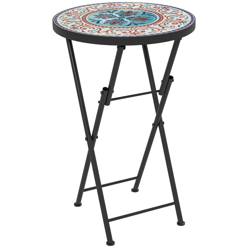 Mosaic Round Folding Garden Table, 35.5cm Metal Frame Coffee Table for Balcony, Multicolour