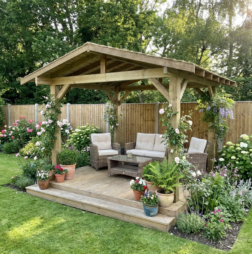 Ruby Wooden Apex Gazebo with Cedar Featheredge Roof – With Overhang Design