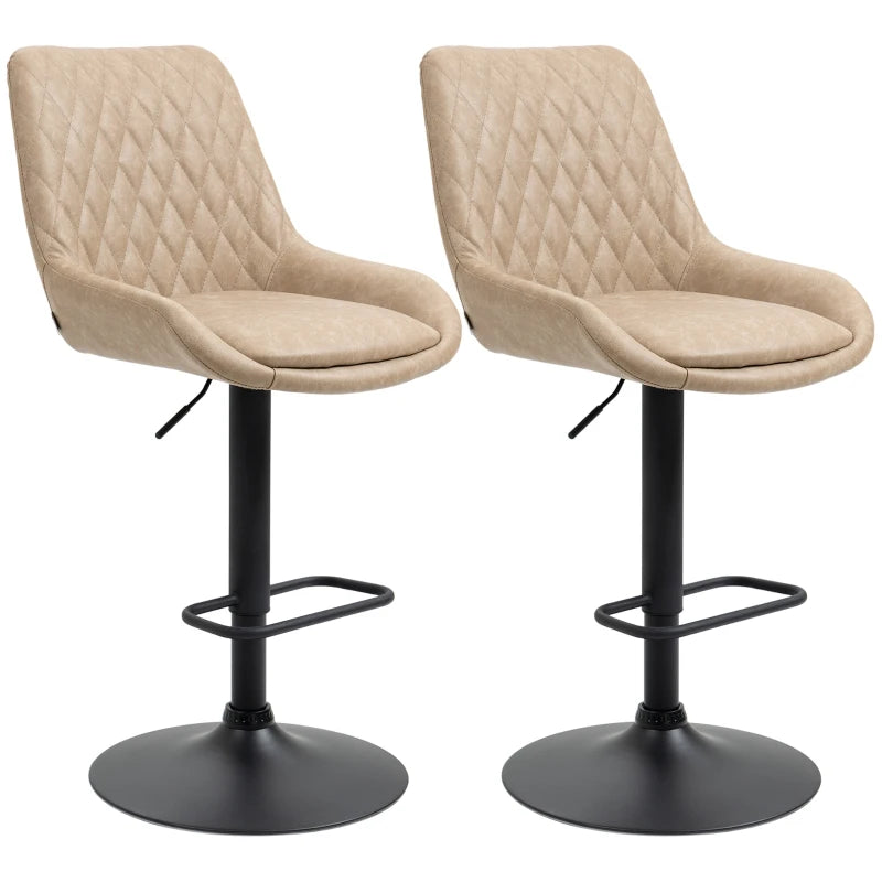 Retro Bar Stools Set of 2 - Adjustable Upholstered Kitchen Chairs with Back, Swivel Seat in Light Khaki