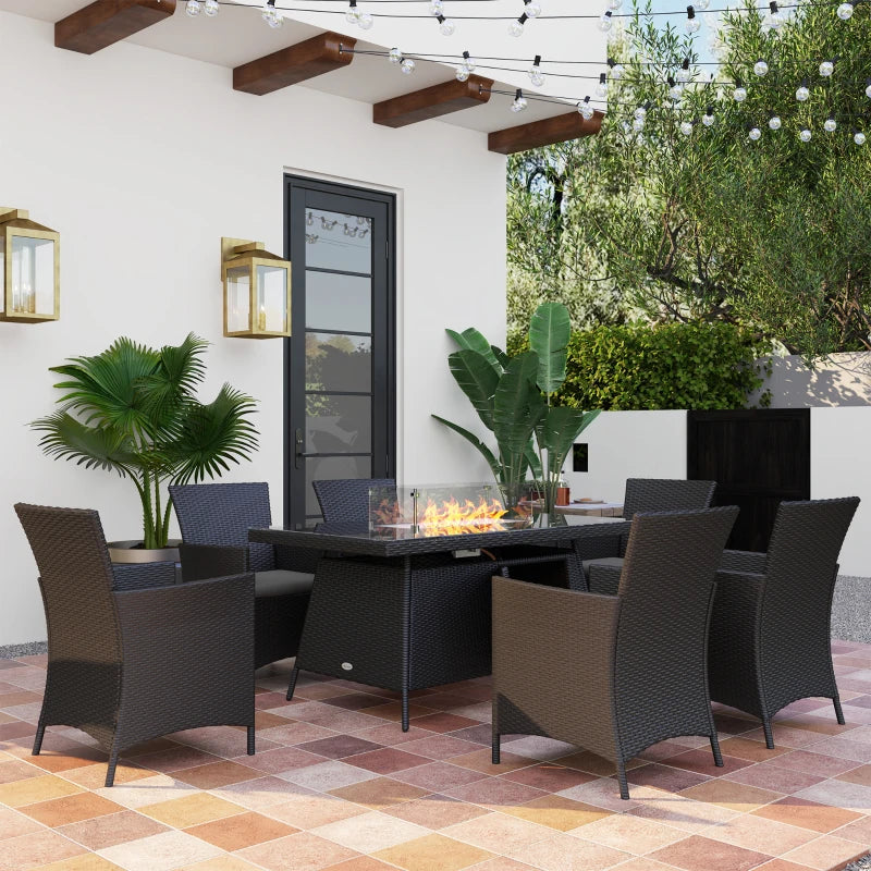 7-Piece Black Outdoor Rattan Garden Furniture Set with Fire Pit Table, 6-Seater Dining Set with Cushions and Propane Heater, 50,000 BTU