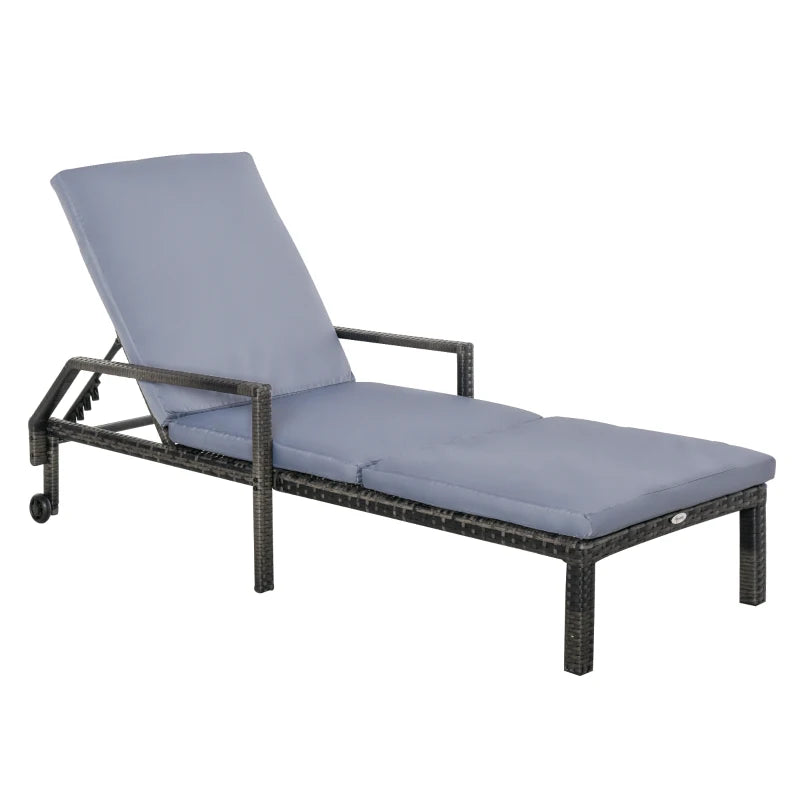 Grey Rattan Outdoor Sun Lounger with Adjustable Backrest and Wheels