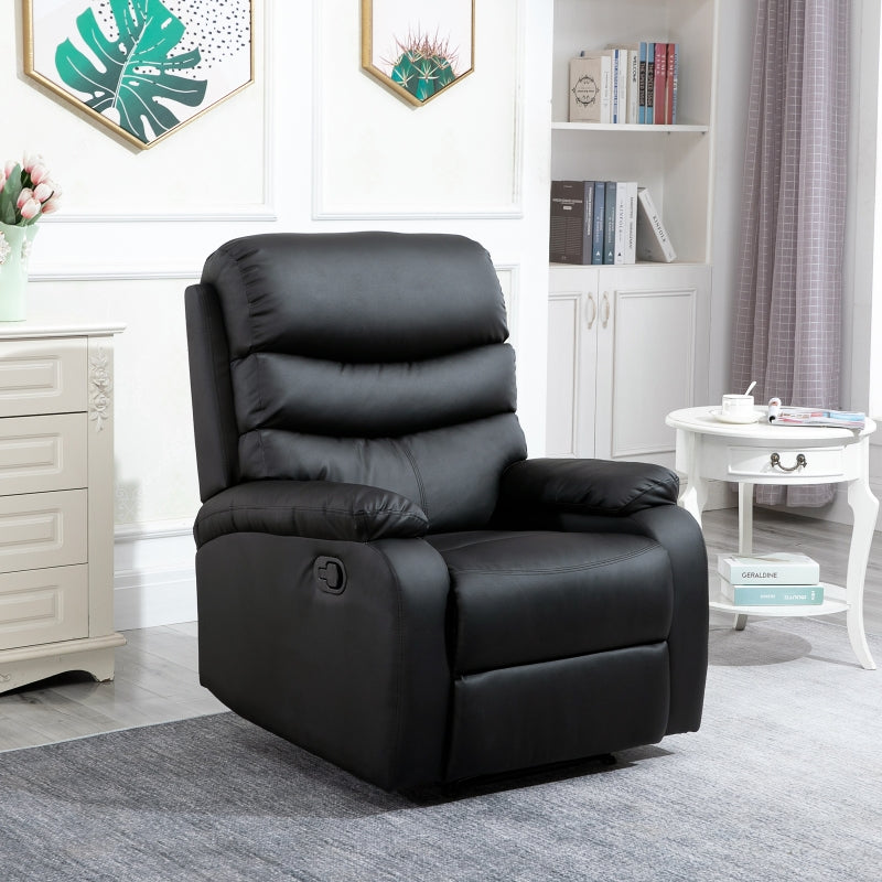 Comfortable PU Leather Reclining Chair with Padded Armrests and Retractable Footrest, Stylish Black Wood Frame