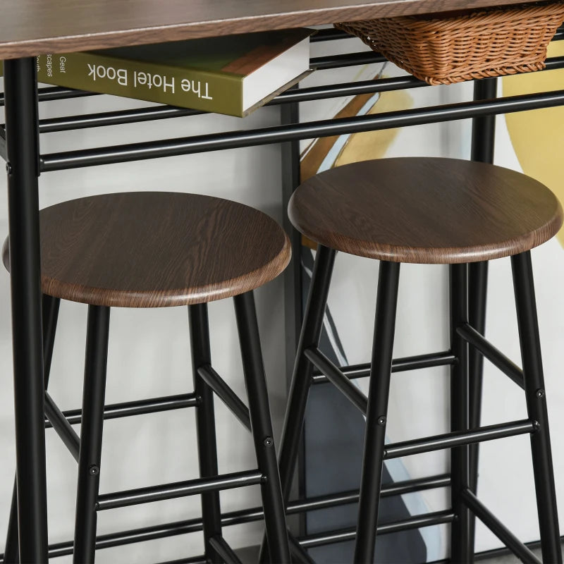Stylish Black and Oak Bar Table Set with Stools, Footrest & Storage Shelf for Kitchen, Dining Room, Pub, Cafe