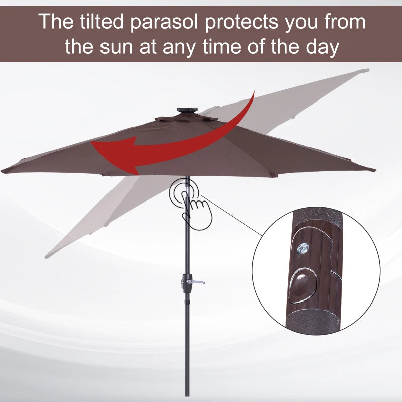 Brown Solar LED Light Tilt Patio Umbrella with Hand Crank - 2.7m