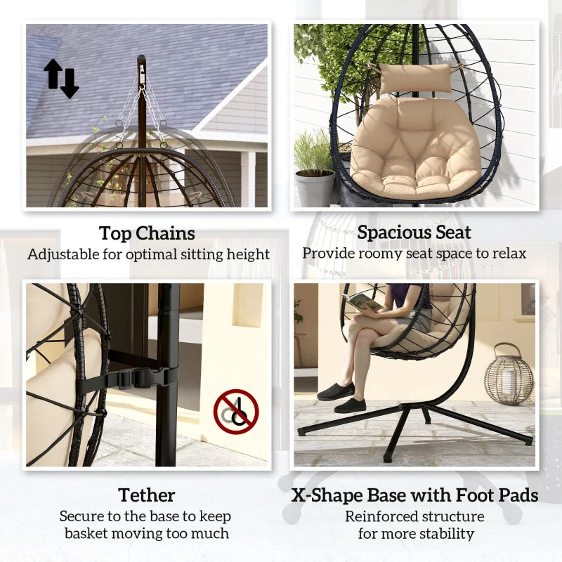 Hanging Egg Chair - Outdoor Indoor Garden Swing Chair with Folding Basket, Thickened Cushion, Headrest - Khaki - Perfect for Patio and Balcony