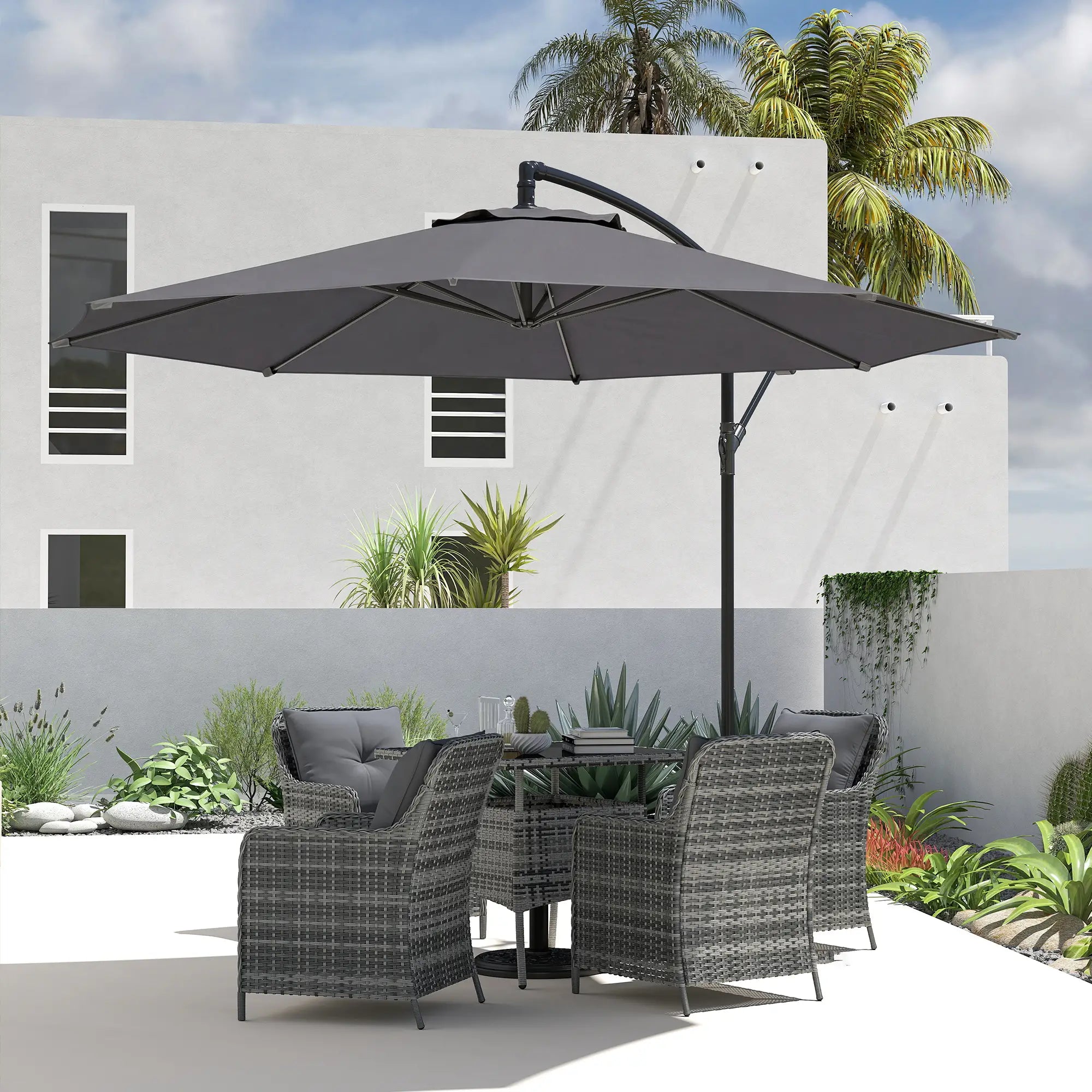 3m Overhang Cantilever Garden Parasol with Steel Frame, 8-Rib Support & Cross Base – Easy Crank Shade Umbrella (Grey)