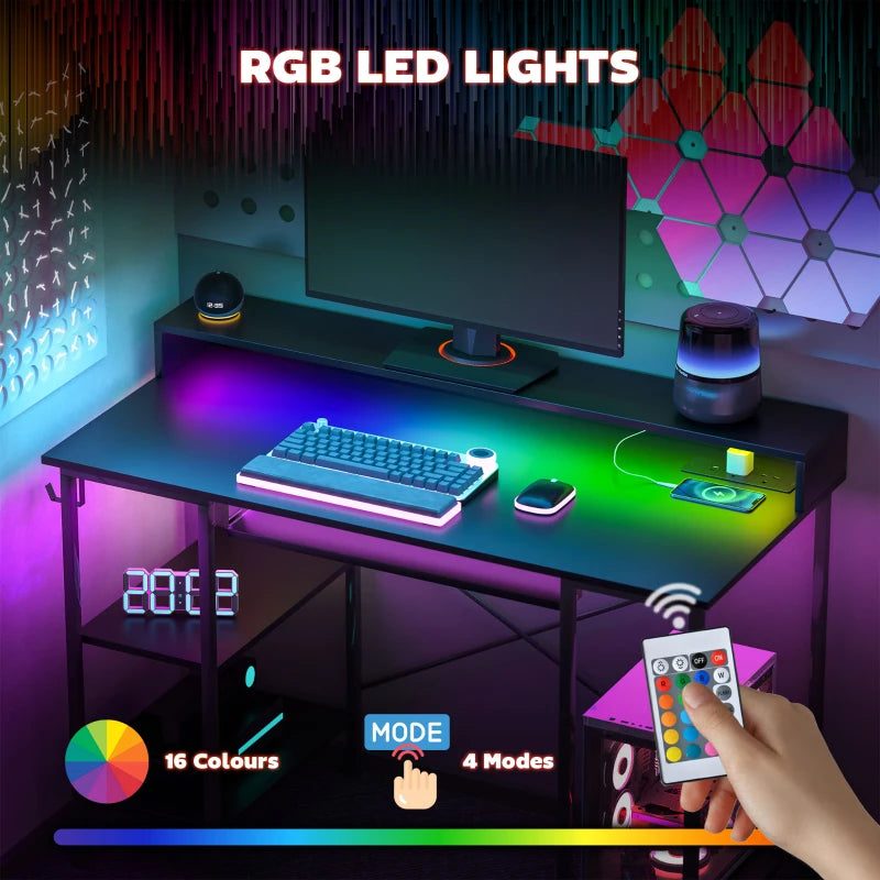 LED Gaming Computer Desk with Power Outlets, 120x55 cm, Monitor Stand, Sliding Keyboard Tray & Storage Shelves - Black