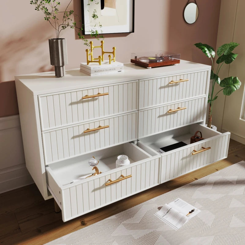 Modern White Sideboard Cabinet for Living Room - 6-Drawer Chest with Metal Base & Decorative Handles, 120x40x75.5 cm
