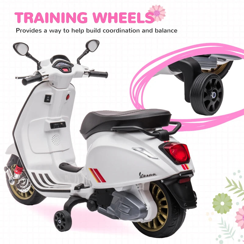 Licensed 12V Kids Electric Vespa Motorbike with Music Headlights FM Radio for Ages 3-6 White